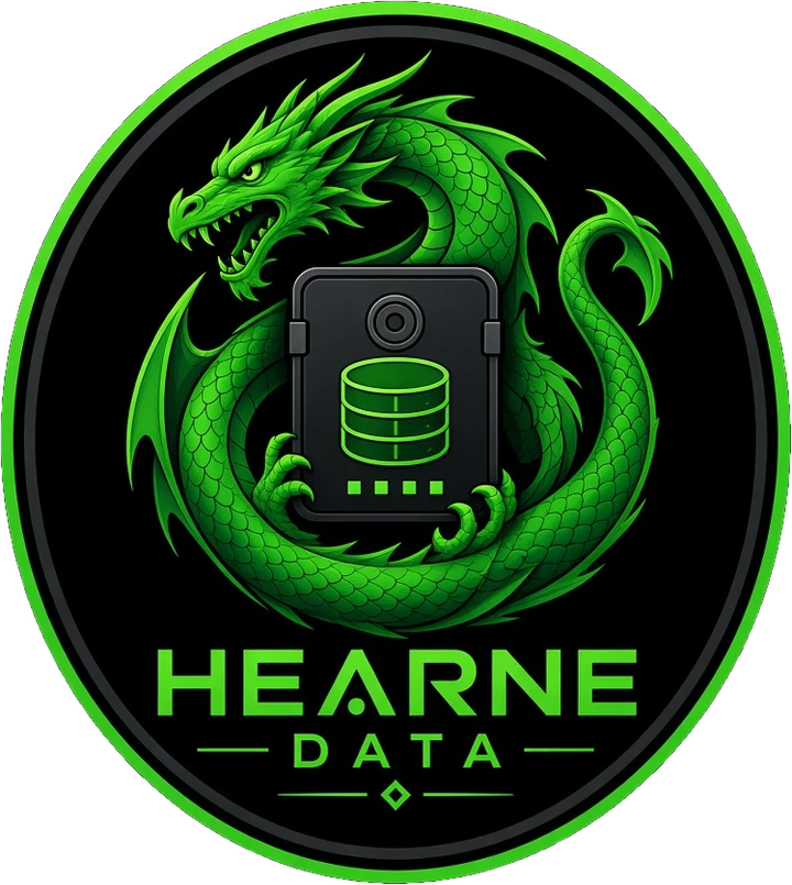 Hearne Data logo: a green dragon wrapped around a data safe